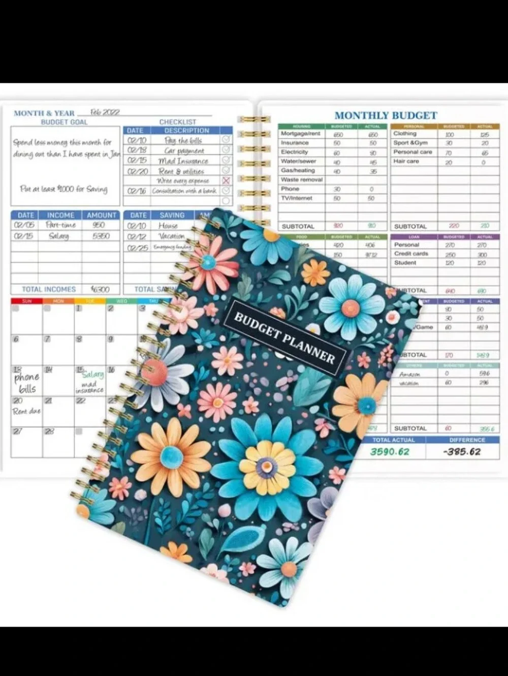 Budget Planner - Monthly/Weekly Tracker Spiral Bound Dark Floral Cover A5 - NWT